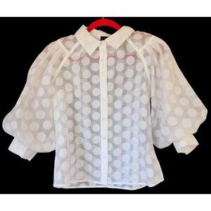 Bloomingdale Women's Puffy Sleeve Sheer Polka Dot White Blouse by Gracia Sz M